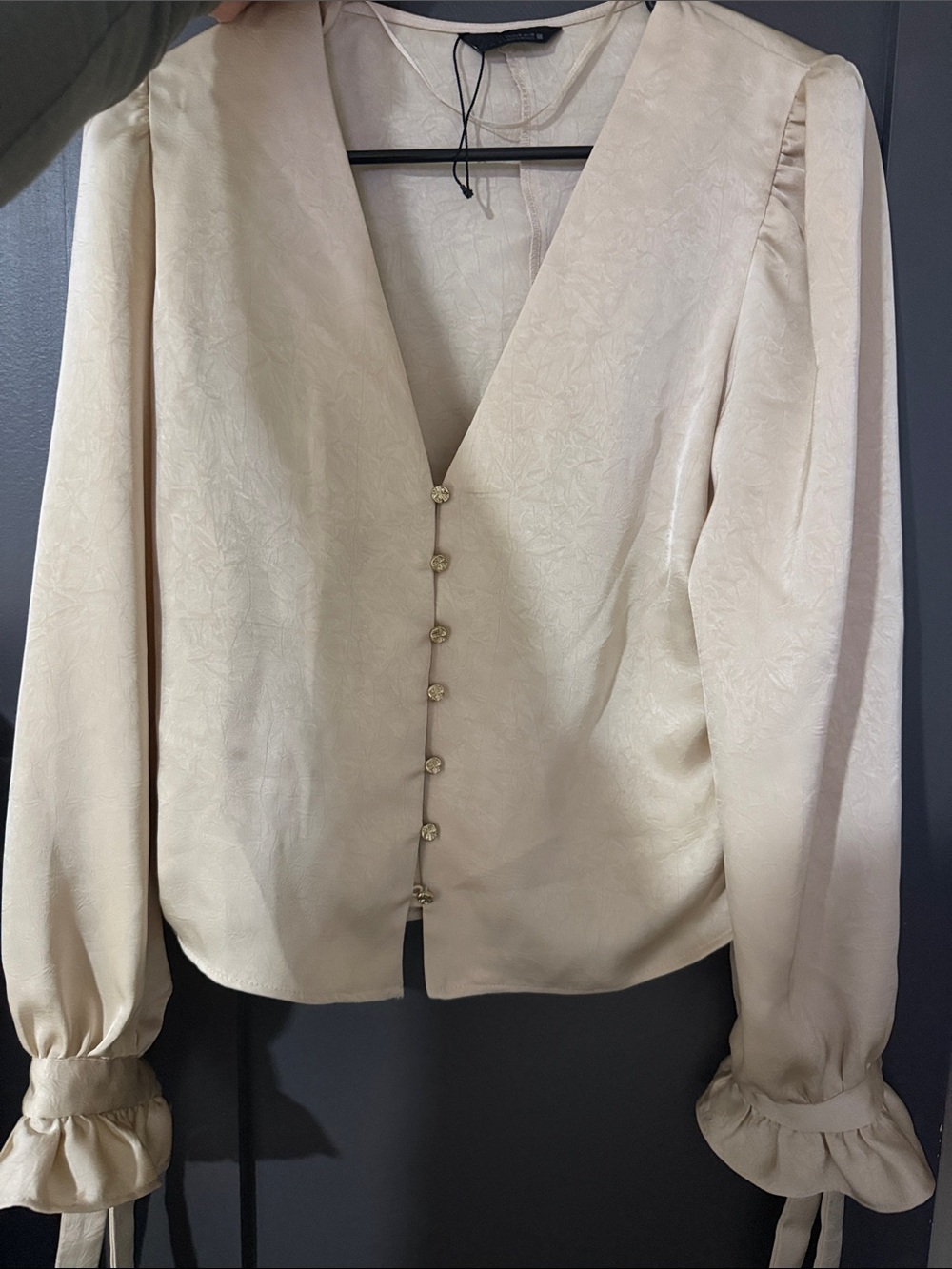 Zara Cream gold satin  V-Neck Button-Front Long Sleeve Blouse